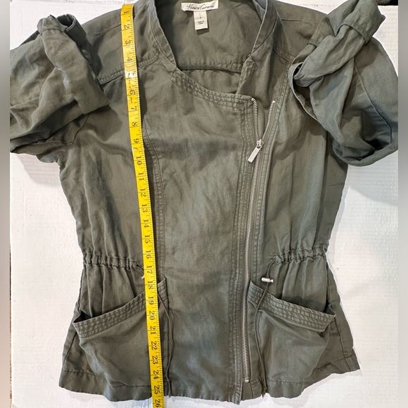 Kenneth Cole Army Green Zip Up Cinched Waist Overlap Front Linen Cotton Sz SM - Picture 8 of 10